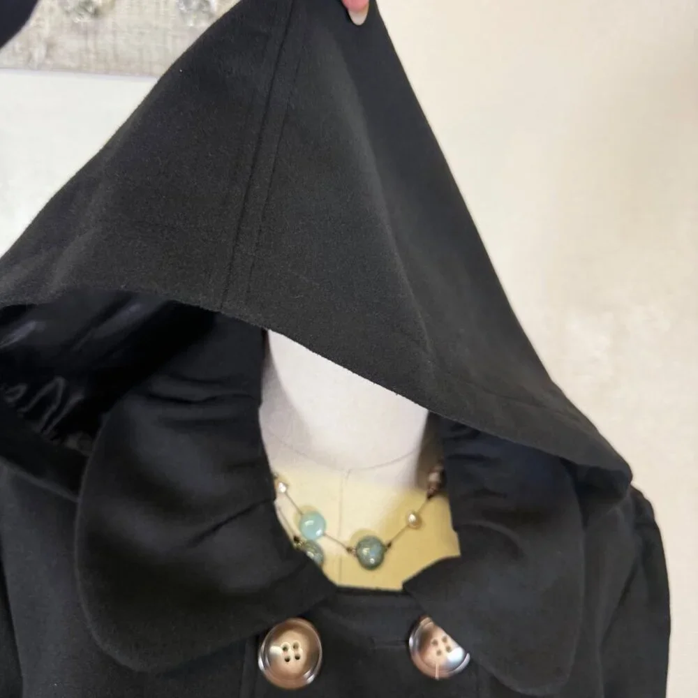 PINK ENVELOPE Womens Long Sleeve Button Front PeaCoat Jacket Black Hooded - Picture 7 of 13